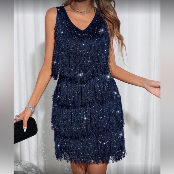 Elegant Navy Blue  Fringe Sequin Dress - Picture 3 of 6